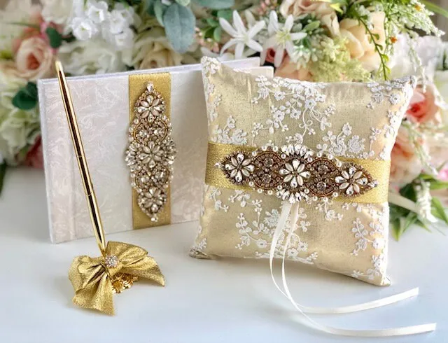 Gold Ring Pillow, Lace Ring Cushion, Gold Wedding Ring Pillow, Gold Guest Book with Pen, Ring Bearer Pillow, Ringkissen, Lace Ring Pillow