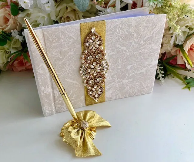 Gold Ring Pillow, Lace Ring Cushion, Gold Wedding Ring Pillow, Gold Guest Book with Pen, Ring Bearer Pillow, Ringkissen, Lace Ring Pillow