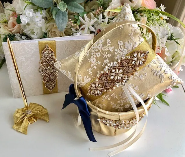 Gold Ring Pillow, Lace Ring Cushion, Gold Wedding Ring Pillow, Gold Guest Book with Pen, Ring Bearer Pillow, Ringkissen, Lace Ring Pillow