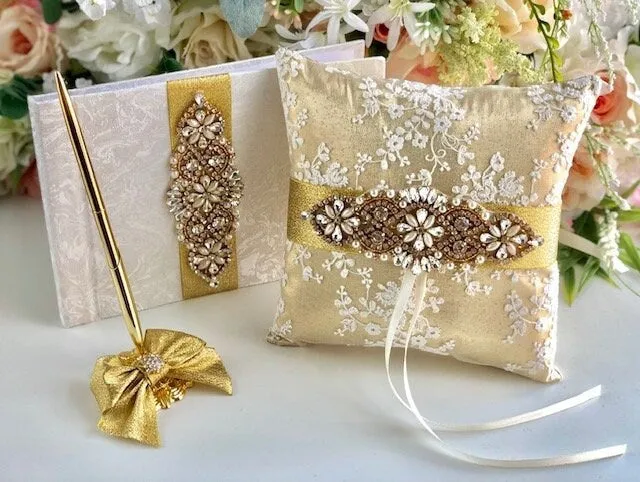 Gold Ring Pillow, Lace Ring Cushion, Gold Wedding Ring Pillow, Gold Guest Book with Pen, Ring Bearer Pillow, Ringkissen, Lace Ring Pillow