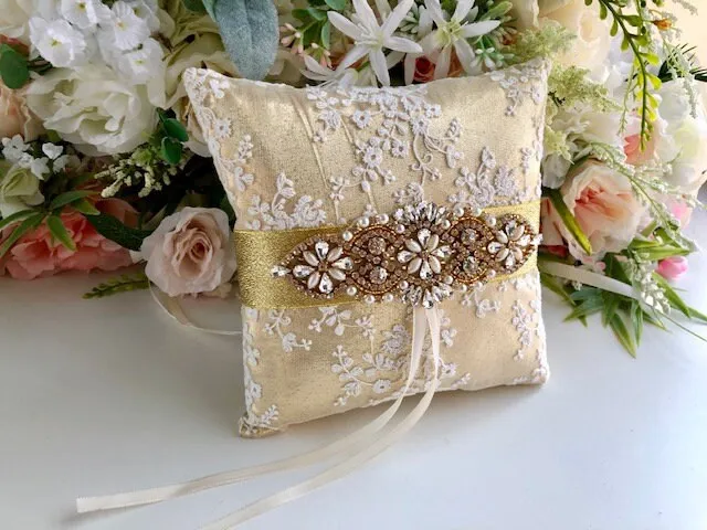 Gold Ring Pillow, Lace Ring Cushion, Gold Wedding Ring Pillow, Gold Guest Book with Pen, Ring Bearer Pillow, Ringkissen, Lace Ring Pillow
