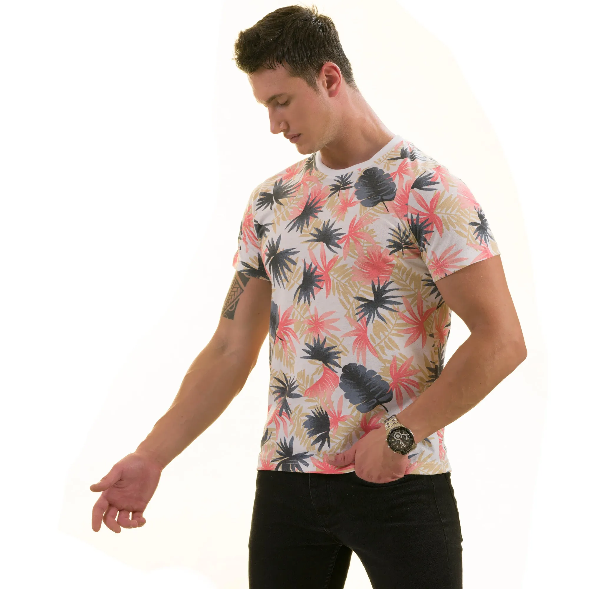 Gray Beige Laves Hawaiian European Made Premium Quality T-Shirt - Crew Neck Short Sleeve T-Shirts