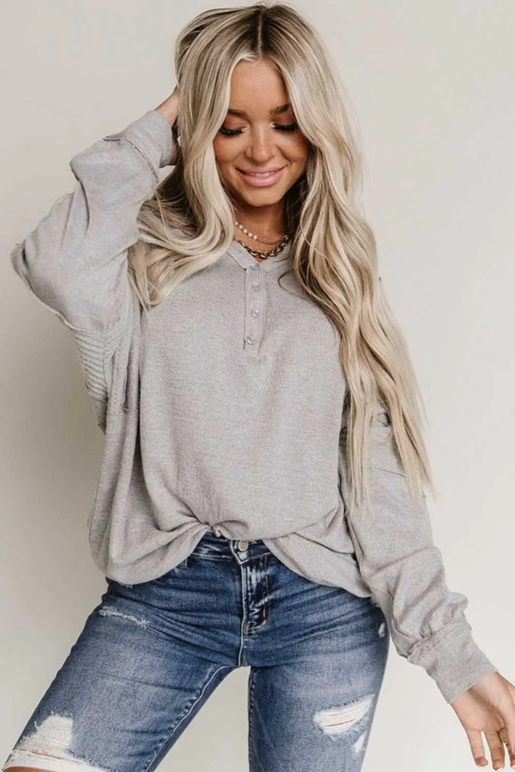 Gray Waffle Patchwork Dolman Sleeve Henley Top