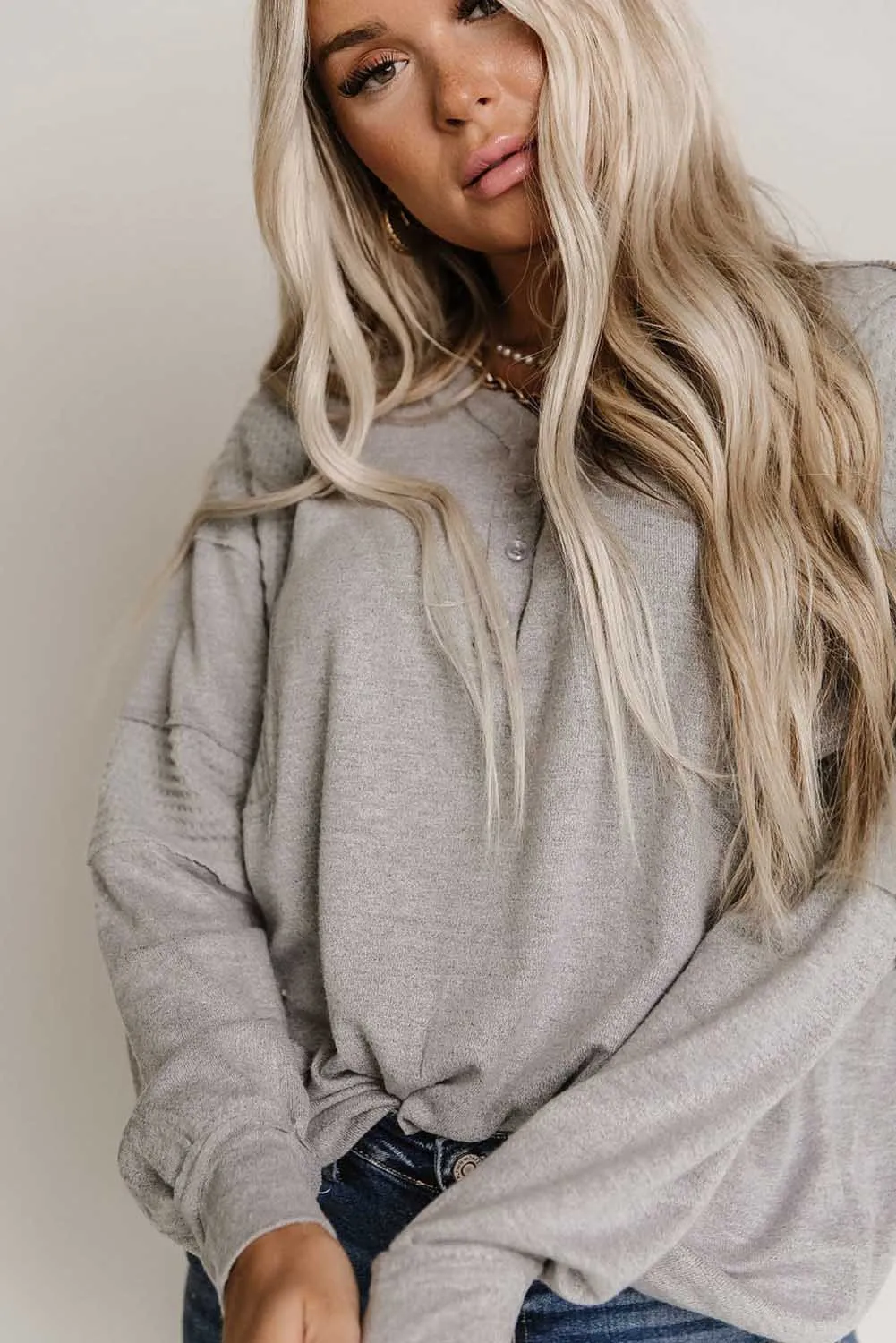 Gray Waffle Patchwork Dolman Sleeve Henley Top