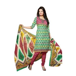 Green and Red Cotton Printed Salwar Kameez