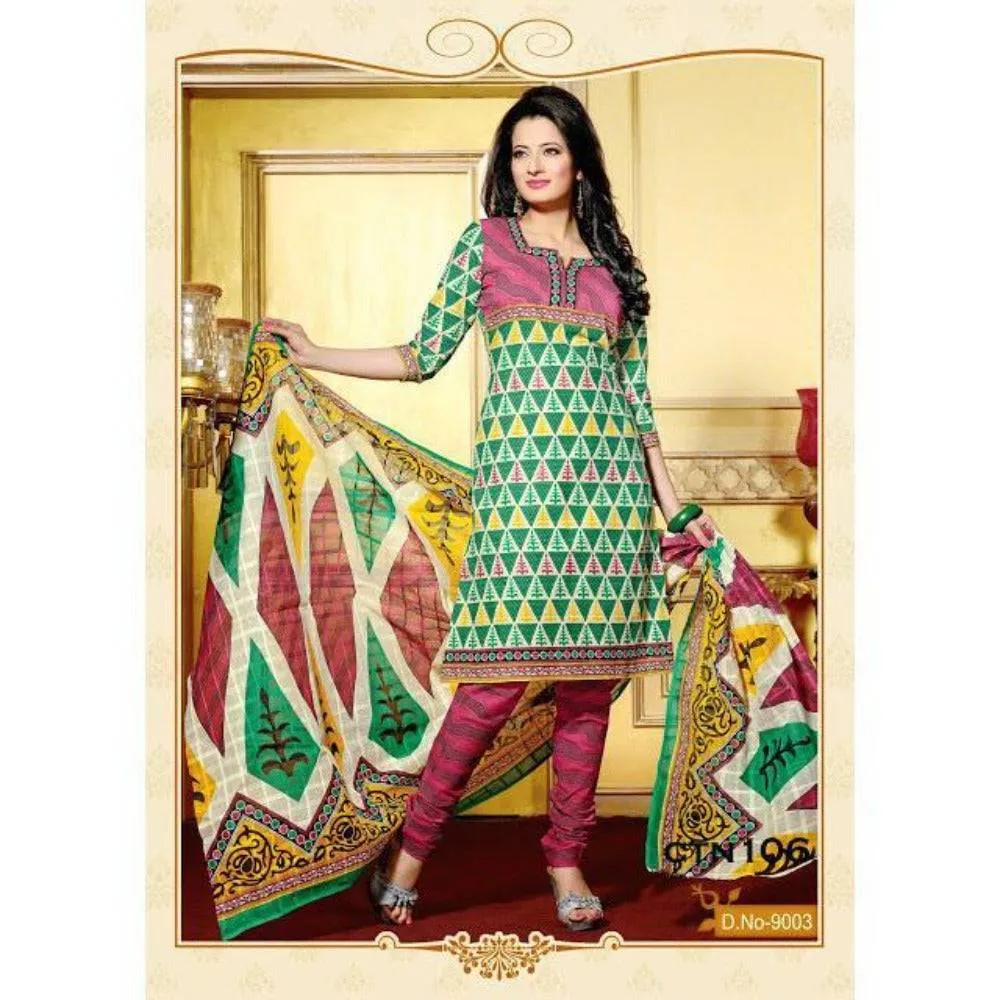 Green and Red Cotton Printed Salwar Kameez