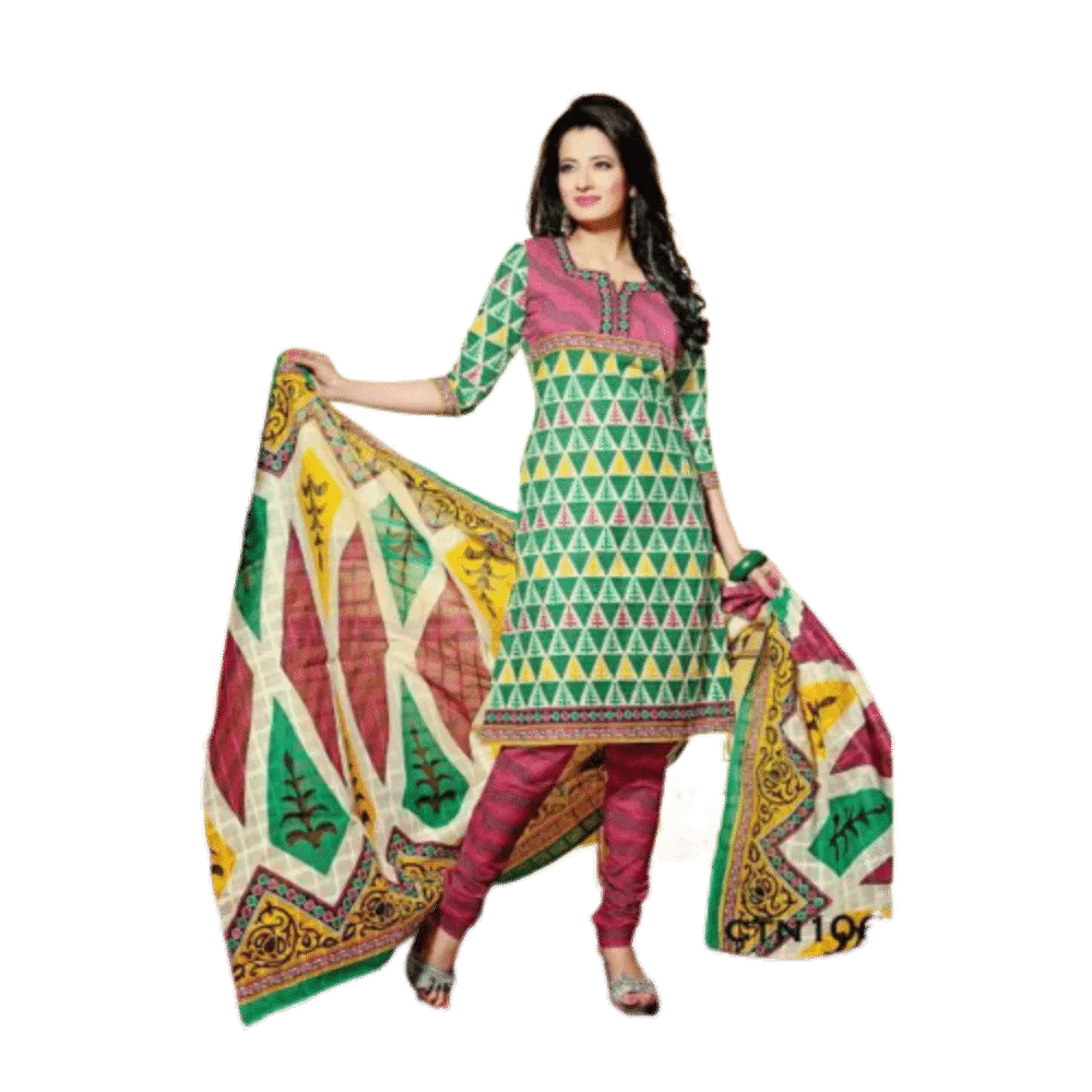 Green and Red Cotton Printed Salwar Kameez