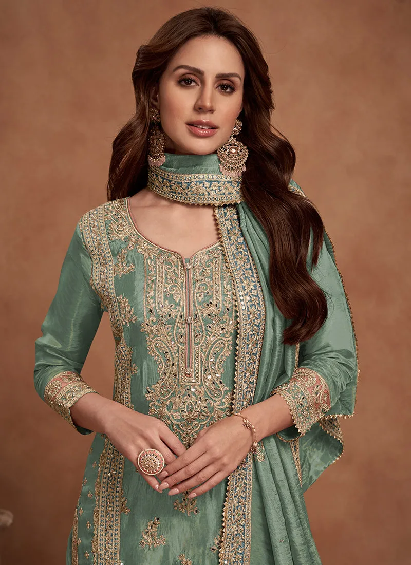 Green Multi Embroidered Wedding Palazzo Suit