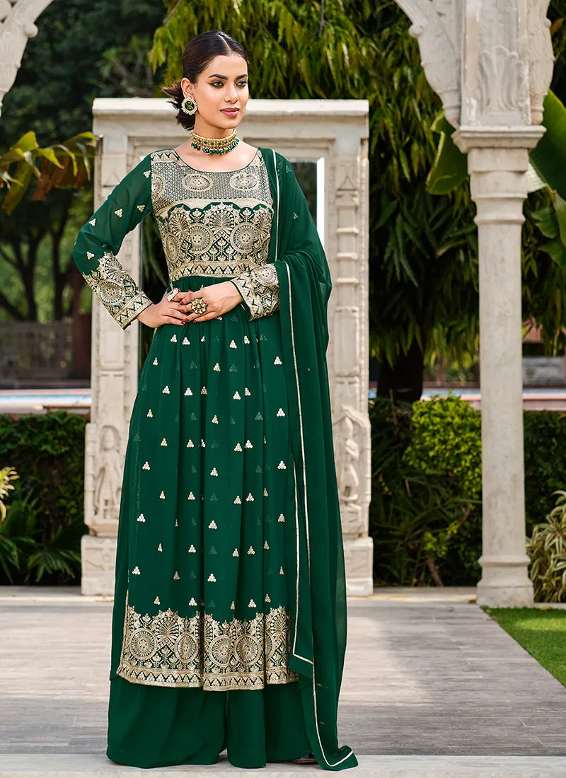 Green Sequence Embroidery Festive Palazzo Suit