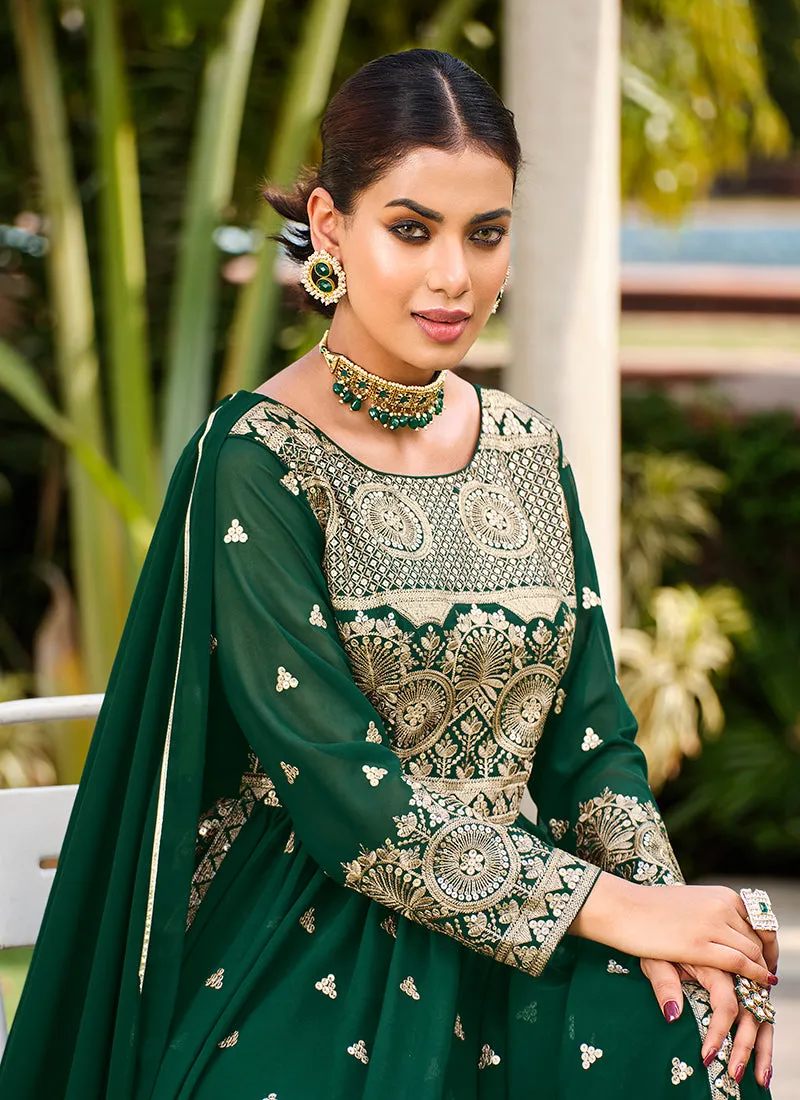 Green Sequence Embroidery Festive Palazzo Suit