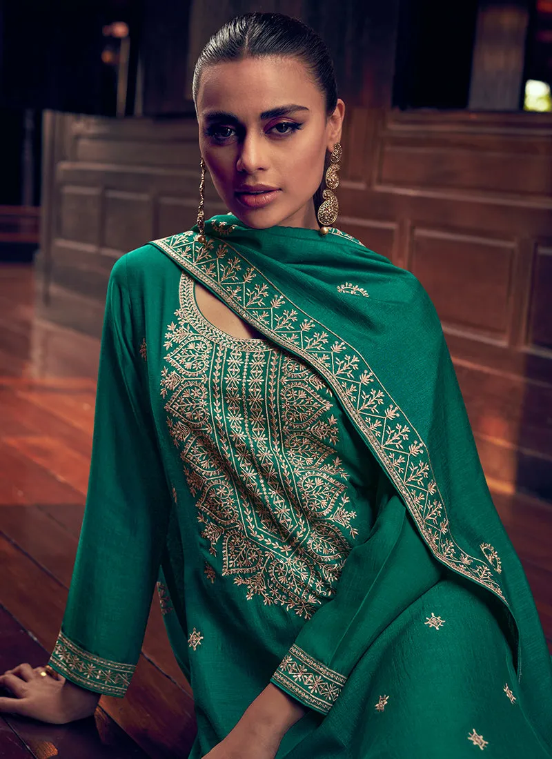 Green Sequence Embroidery Traditional Palazzo Suit