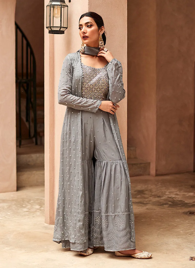Grey Mirror Work Embroidered Jacket Style Palazzo Suit
