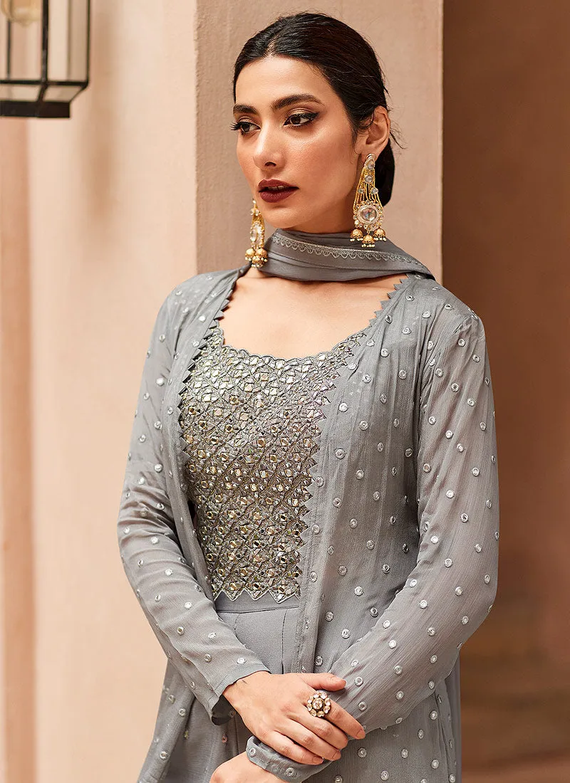 Grey Mirror Work Embroidered Jacket Style Palazzo Suit