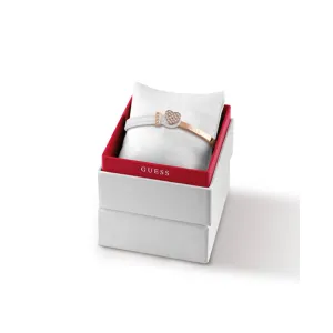 Guess Bracelet Ip Rosegold & White Leather Strap With Stone Heart Design
