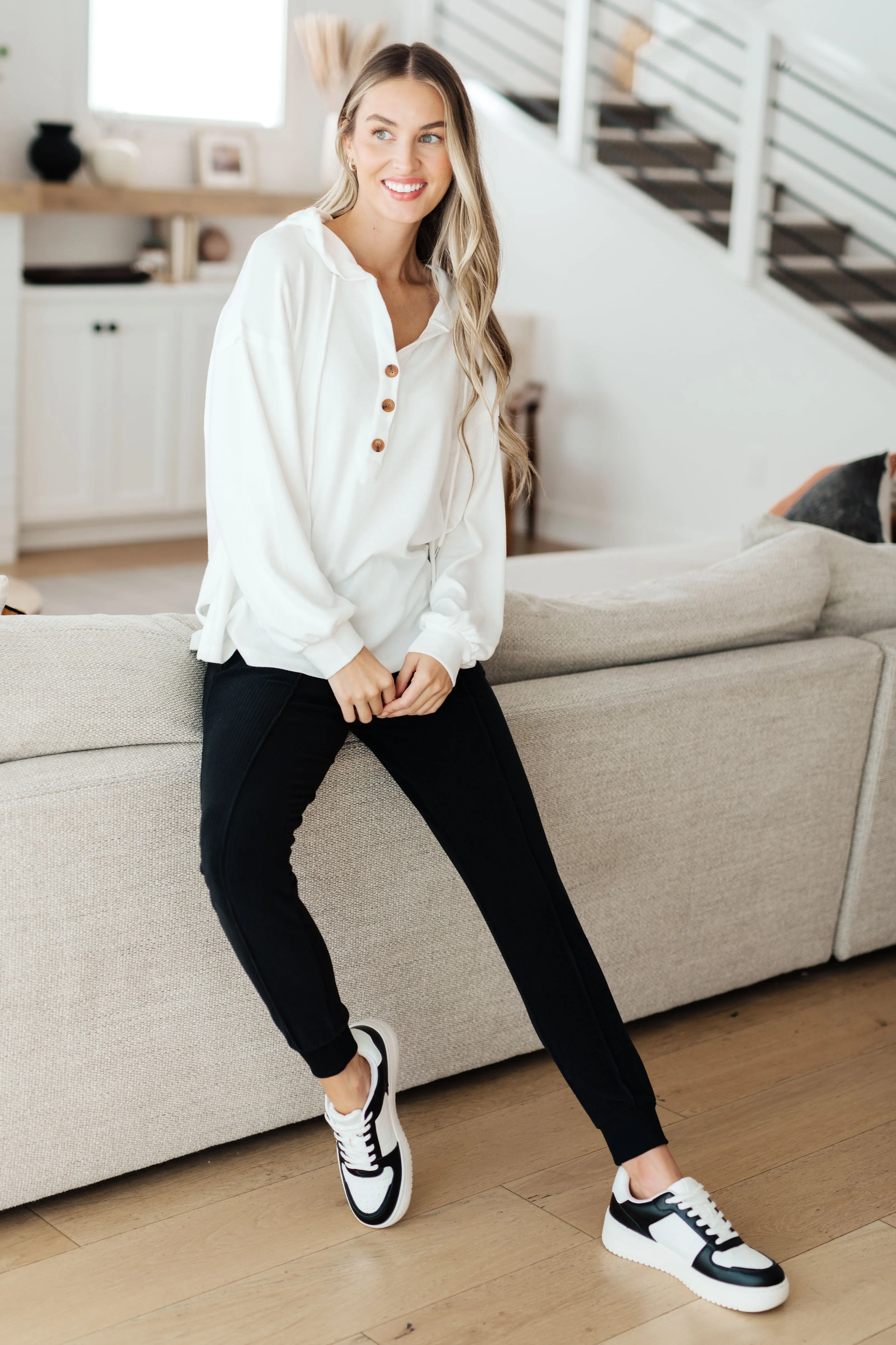 Hazel Blues® |  Happier Now Henley Hoodie in Ivory
