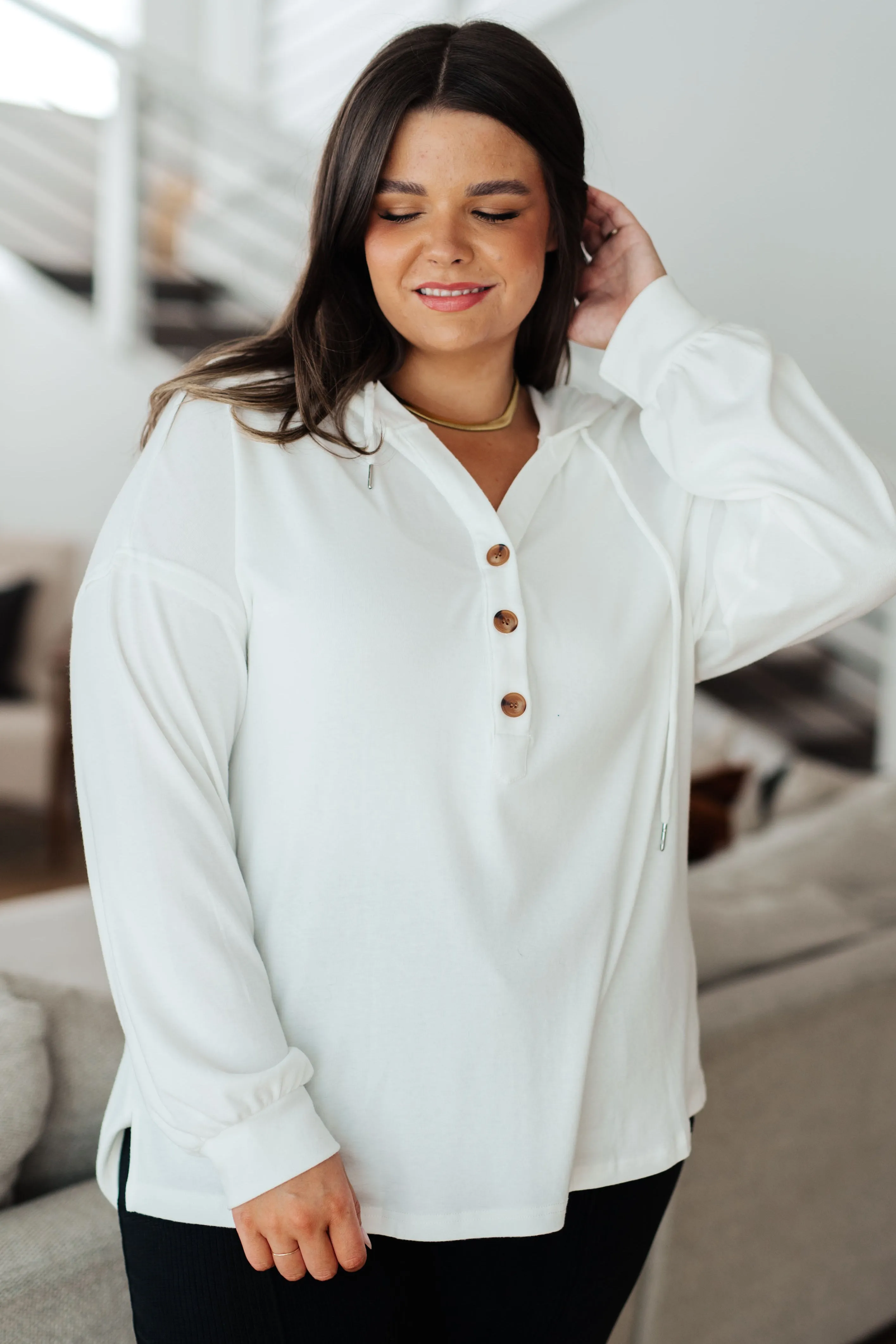 Hazel Blues® |  Happier Now Henley Hoodie in Ivory