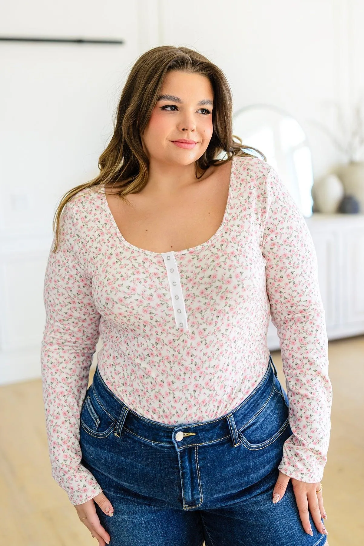 Hazel Blues® | Wistful Wishes Floral Henley Bodysuit