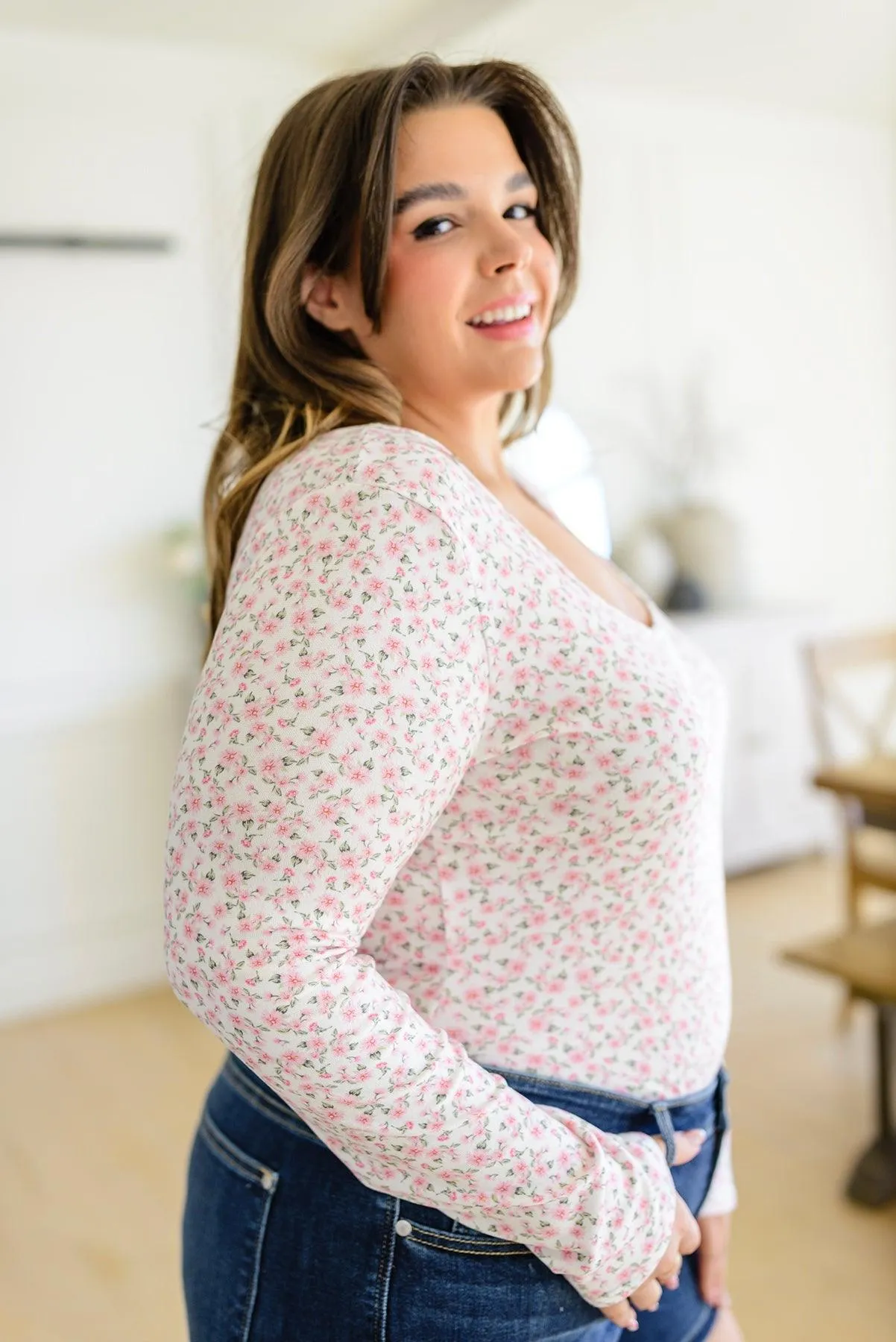 Hazel Blues® | Wistful Wishes Floral Henley Bodysuit