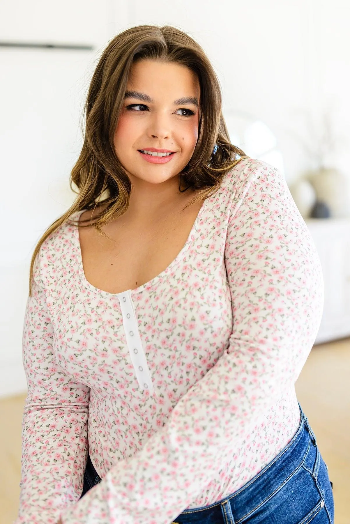 Hazel Blues® | Wistful Wishes Floral Henley Bodysuit