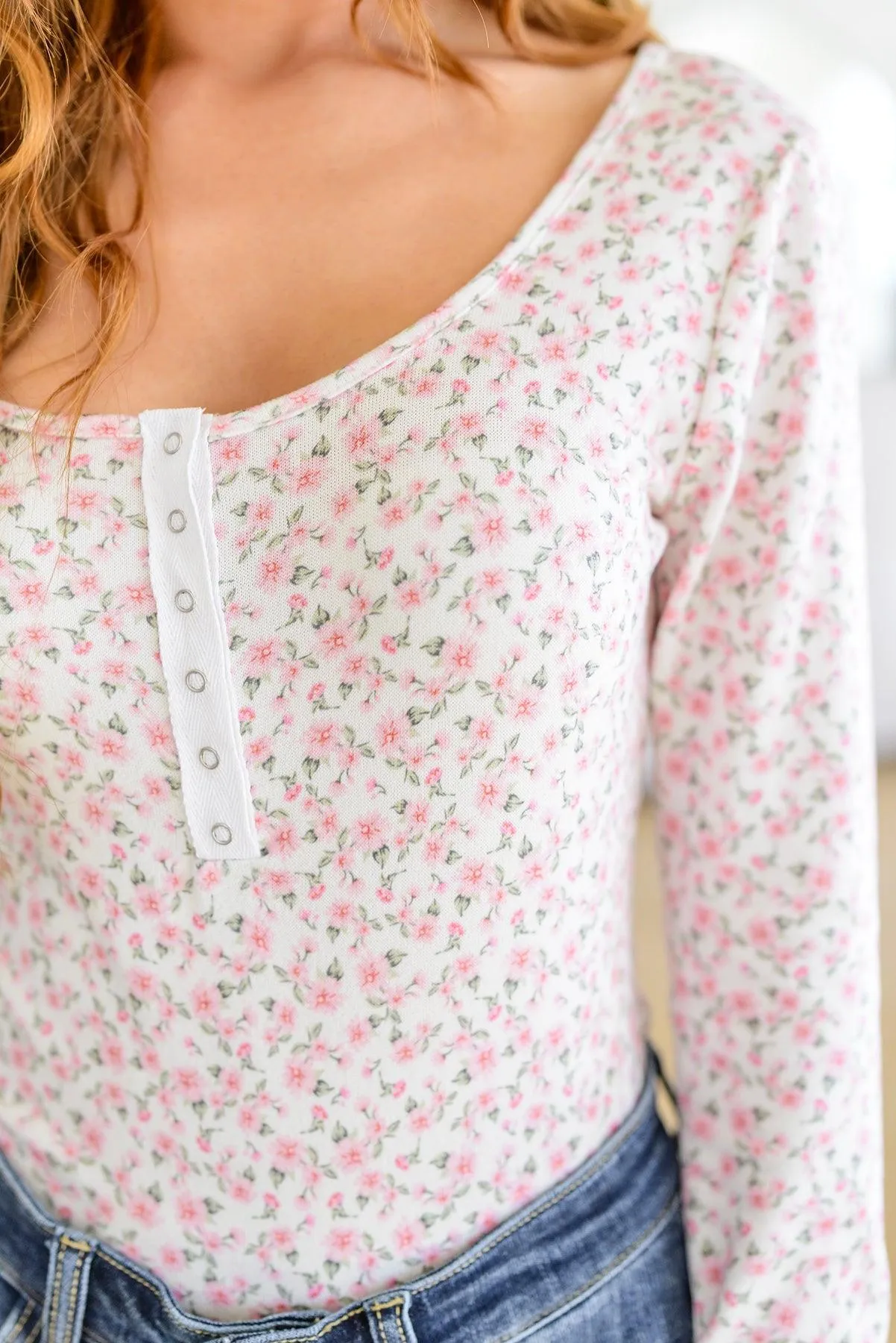 Hazel Blues® | Wistful Wishes Floral Henley Bodysuit