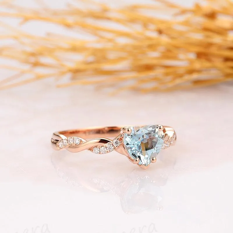 Heart Shape 1CT Natural Aquamarine Rope Style14k Rose Gold Engagement Ring