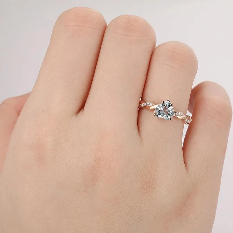 Heart Shape 1CT Natural Aquamarine Rope Style14k Rose Gold Engagement Ring