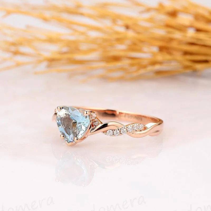 Heart Shape 1CT Natural Aquamarine Rope Style14k Rose Gold Engagement Ring