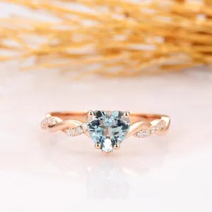Heart Shape 1CT Natural Aquamarine Rope Style14k Rose Gold Engagement Ring
