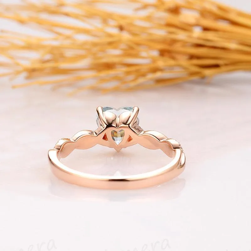 Heart Shape 1CT Natural Aquamarine Rope Style14k Rose Gold Engagement Ring