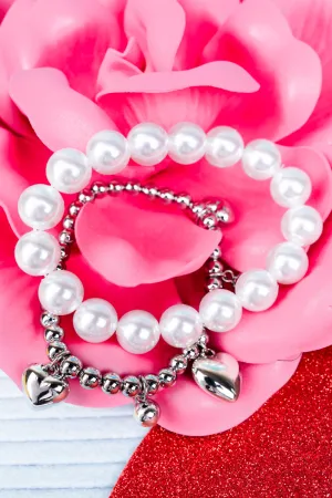 Heart To Heart  Silvertone and Pearl Heart Beaded Bracelet Set