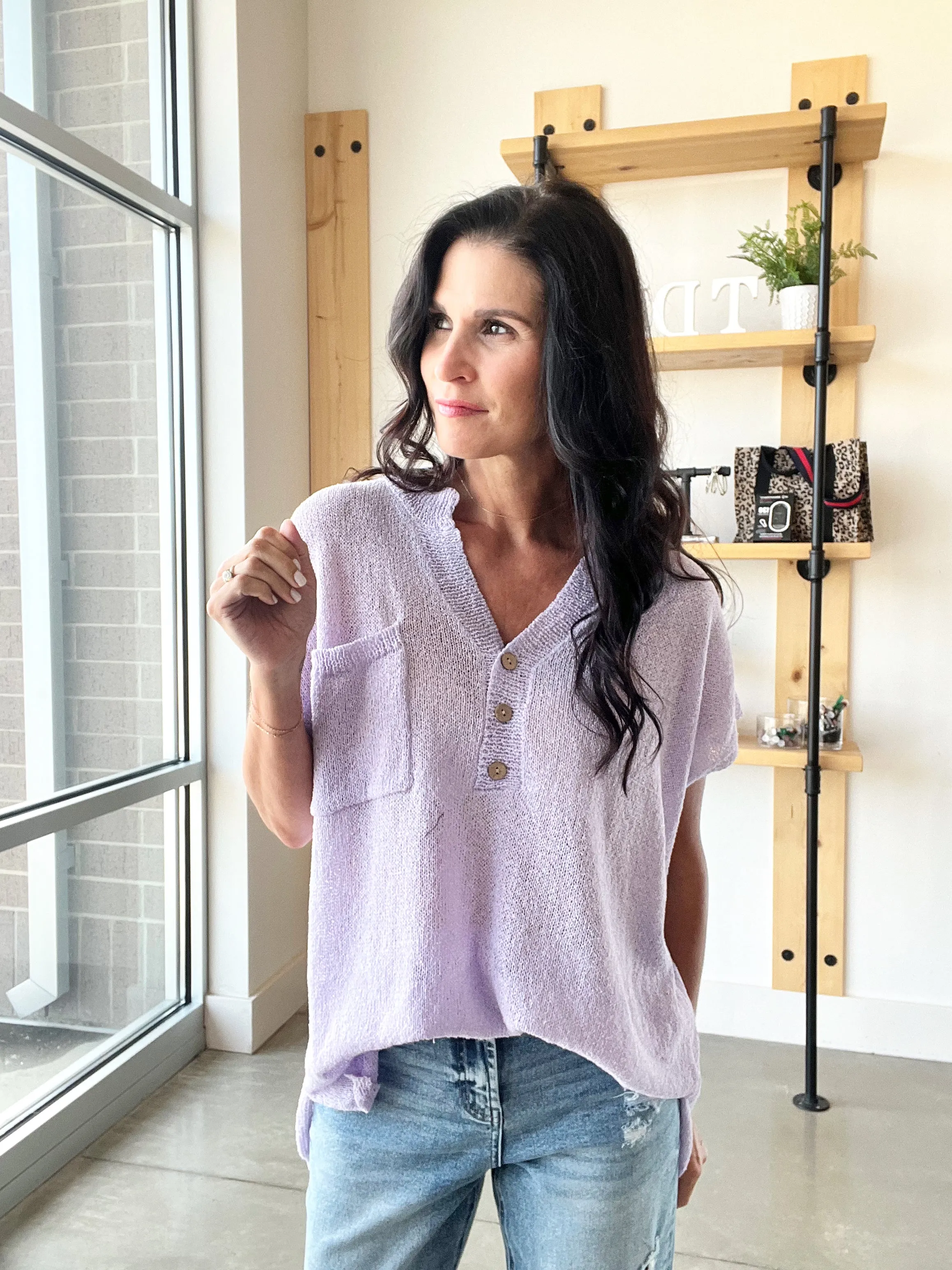 Henley Sweater Top in Lavender