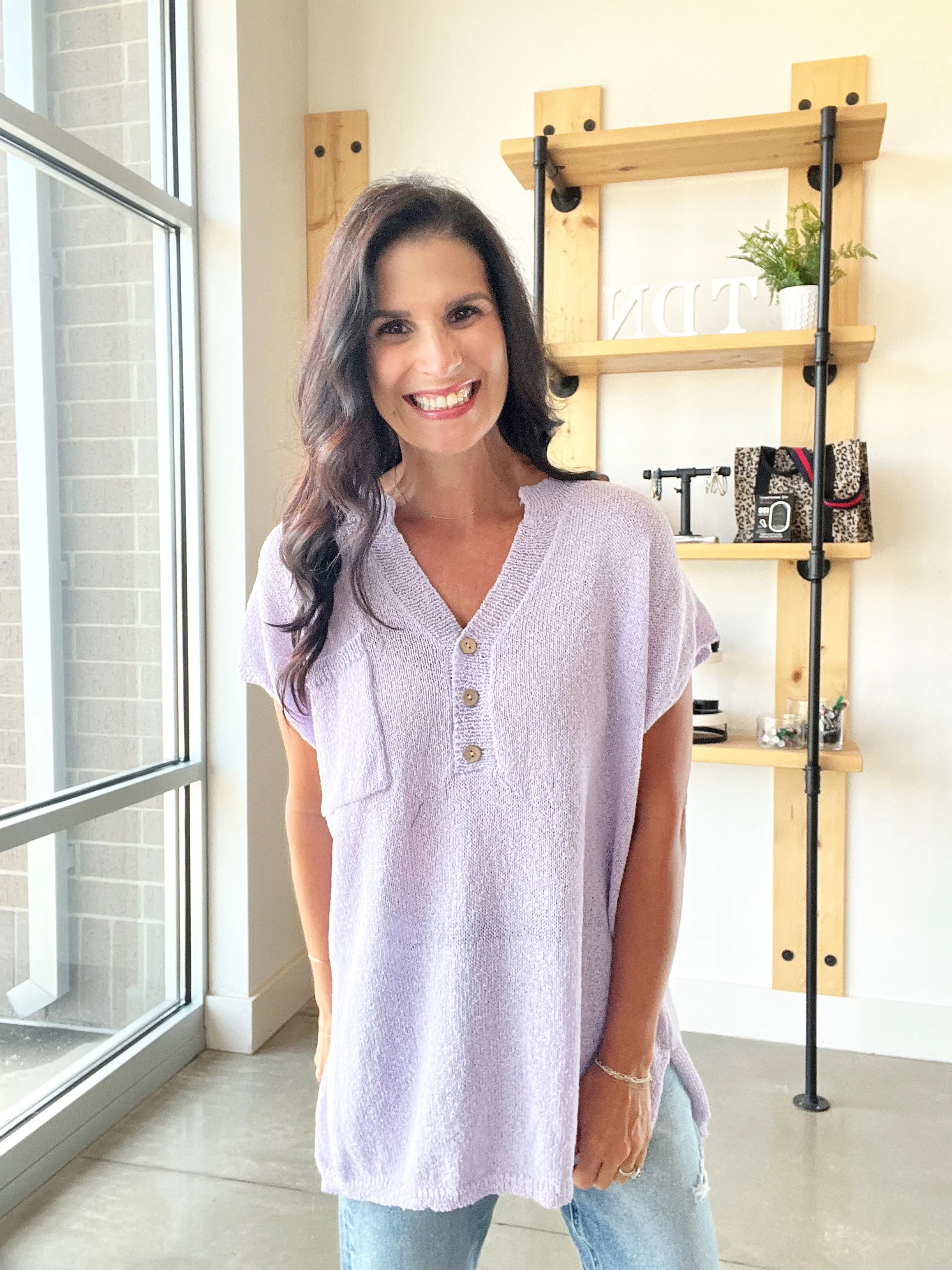 Henley Sweater Top in Lavender