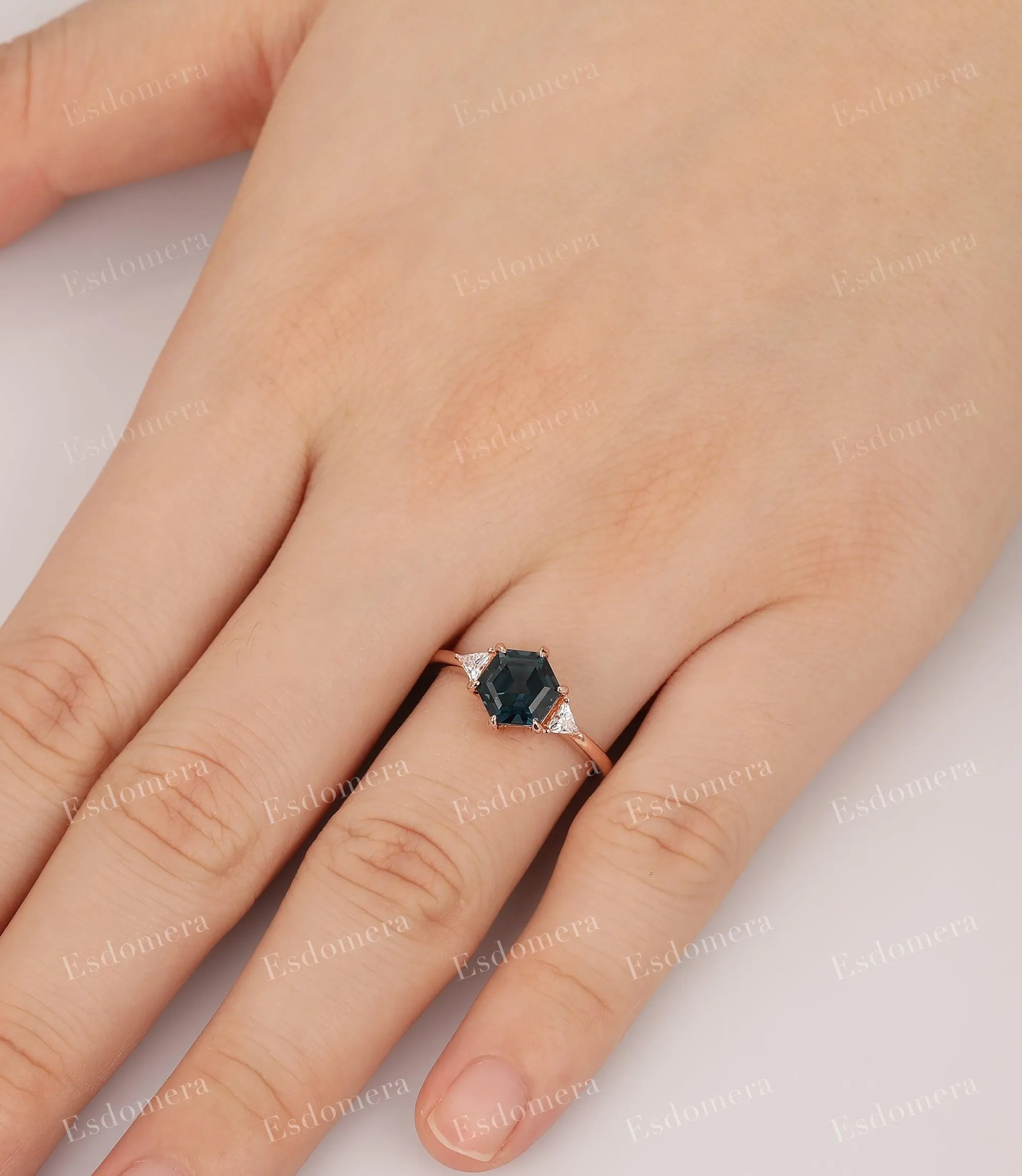 Hexagon Cut 7x7mm London Blue Topaz Wedding Ring, Moissanite Engagement Ring