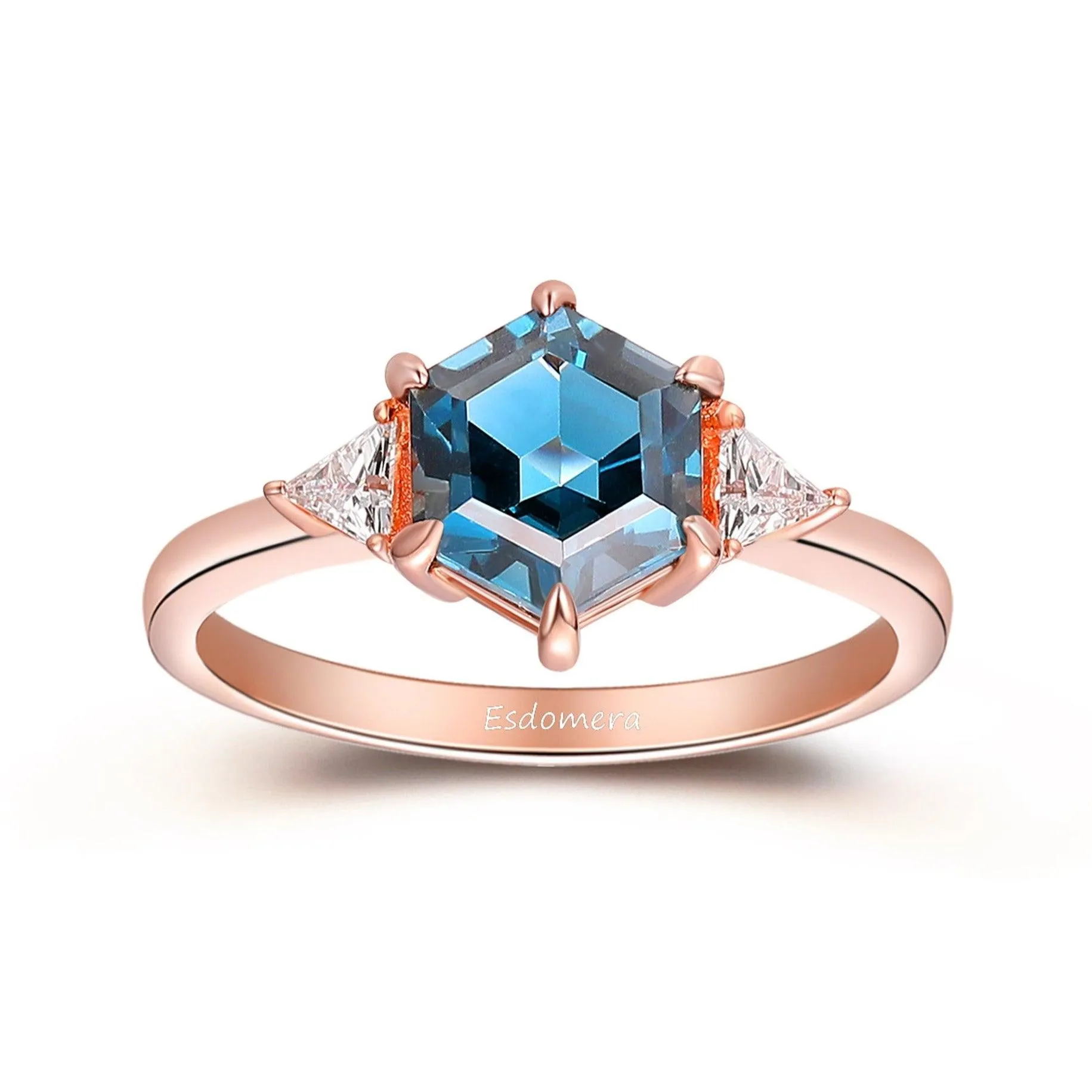 Hexagon Cut 7x7mm London Blue Topaz Wedding Ring, Moissanite Engagement Ring