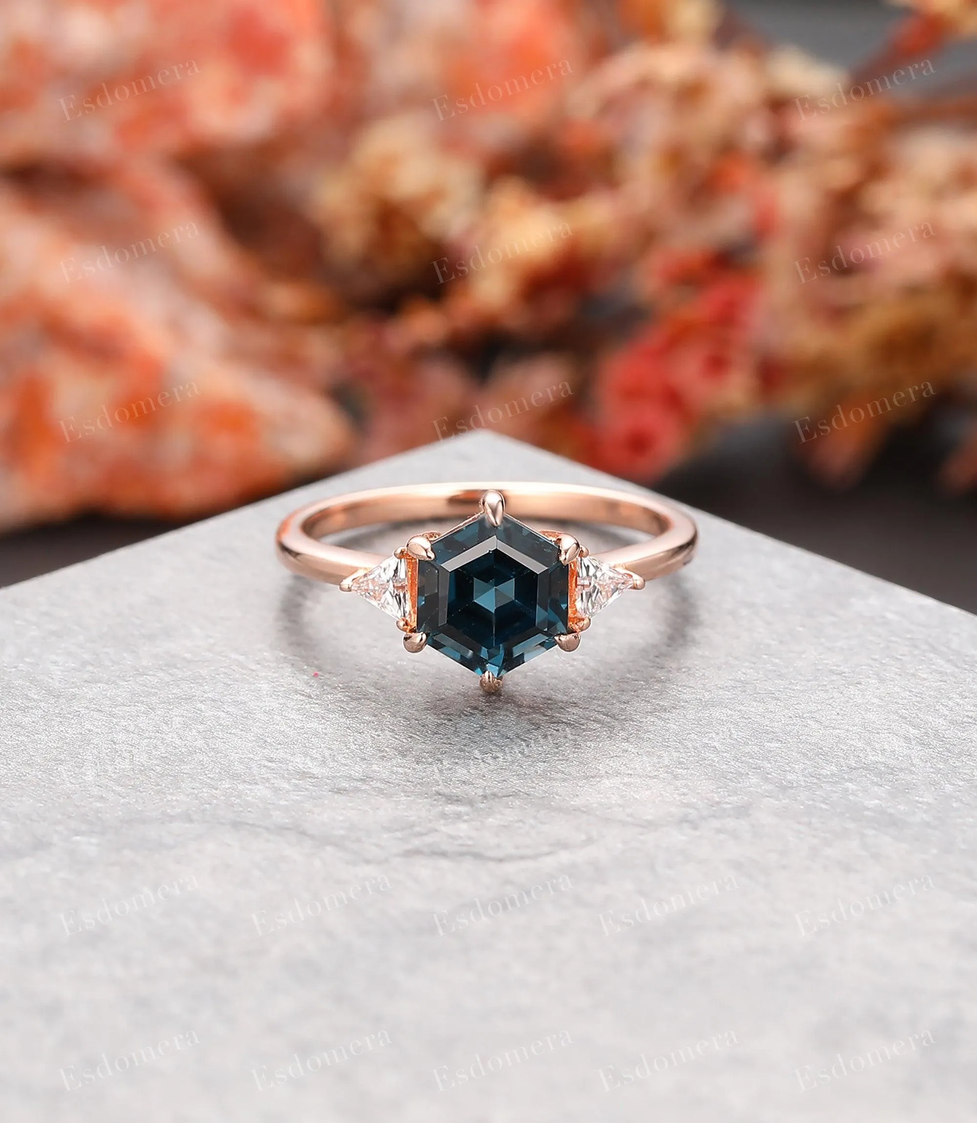 Hexagon Cut 7x7mm London Blue Topaz Wedding Ring, Moissanite Engagement Ring