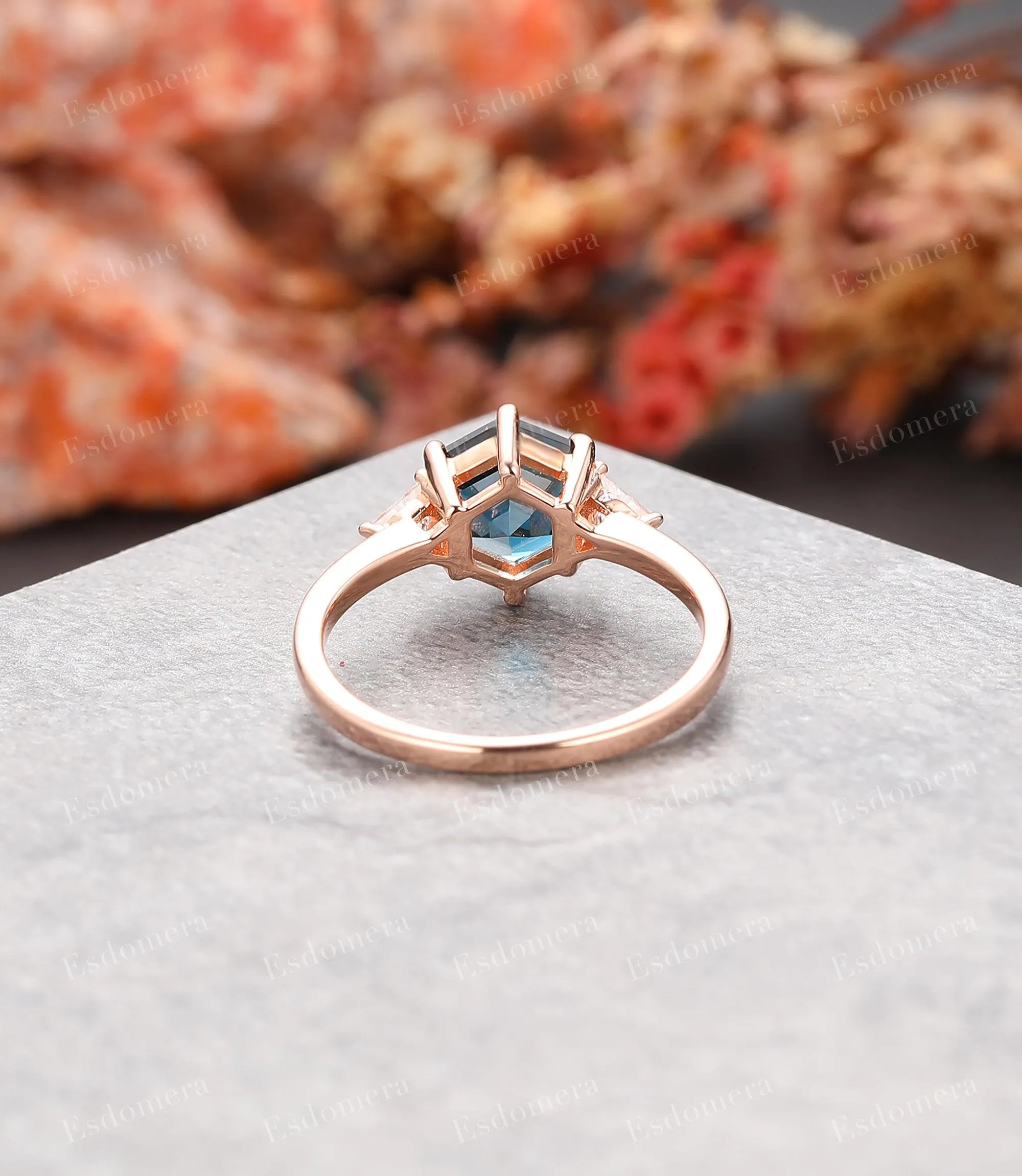 Hexagon Cut 7x7mm London Blue Topaz Wedding Ring, Moissanite Engagement Ring