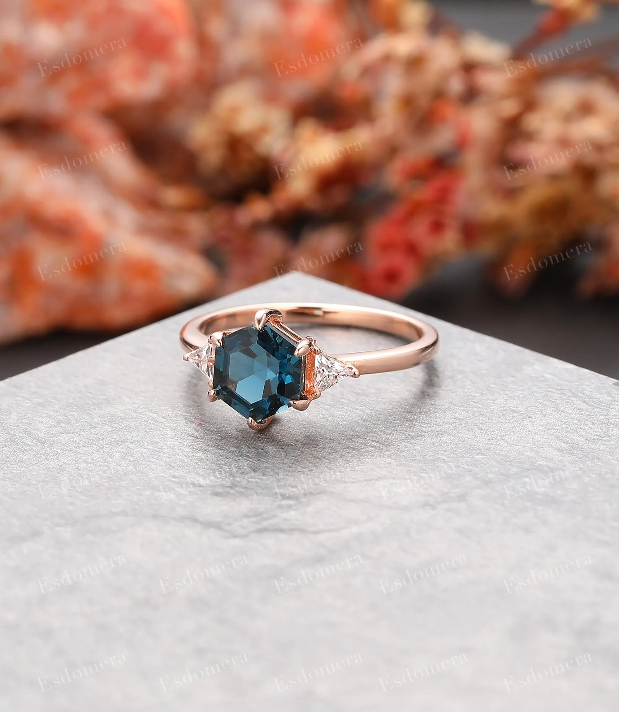 Hexagon Cut 7x7mm London Blue Topaz Wedding Ring, Moissanite Engagement Ring