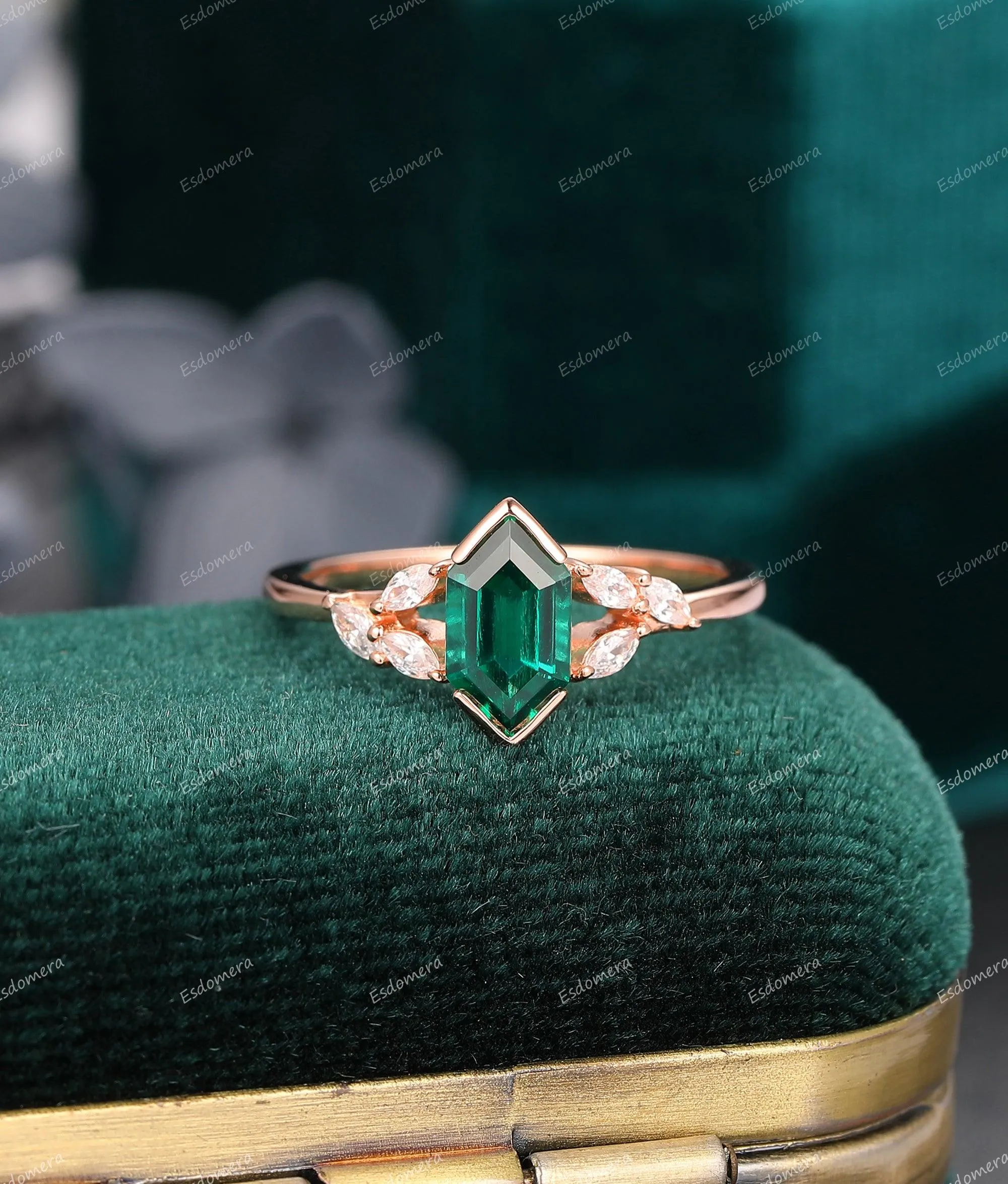 Hexagon Cut  Emerald Engagement Ring Moissanite Accents Wedding Bridal Ring 14k Rose Gold Wedding Ring
