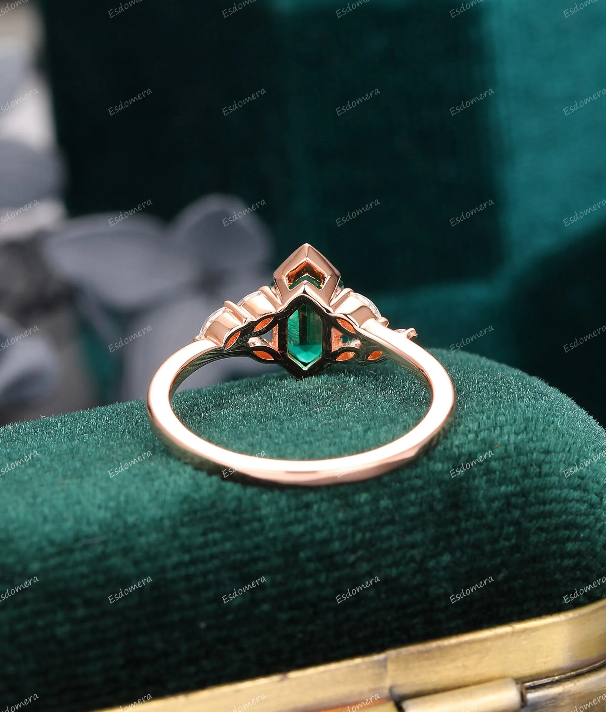 Hexagon Cut  Emerald Engagement Ring Moissanite Accents Wedding Bridal Ring 14k Rose Gold Wedding Ring