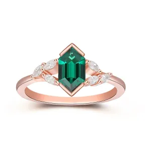 Hexagon Cut  Emerald Engagement Ring Moissanite Accents Wedding Bridal Ring 14k Rose Gold Wedding Ring