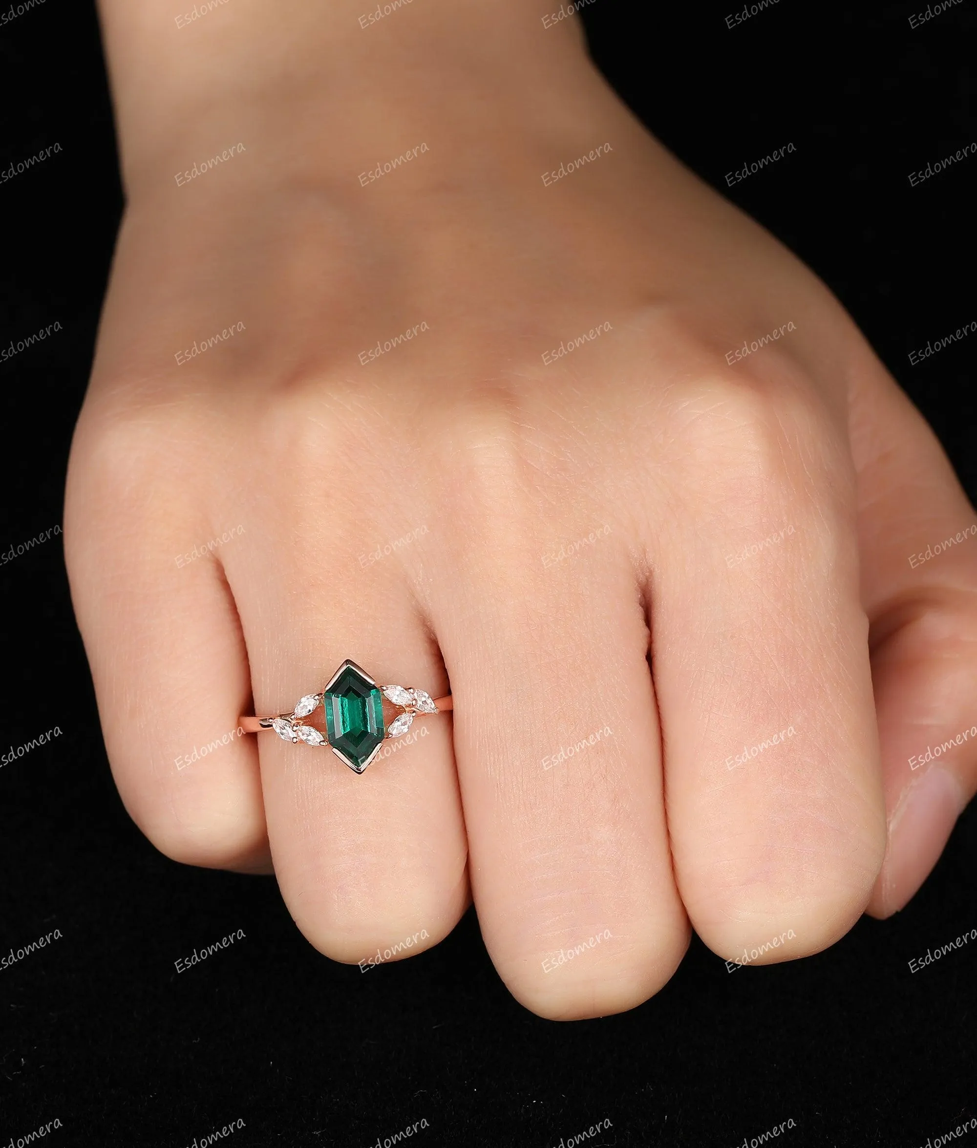 Hexagon Cut  Emerald Engagement Ring Moissanite Accents Wedding Bridal Ring 14k Rose Gold Wedding Ring