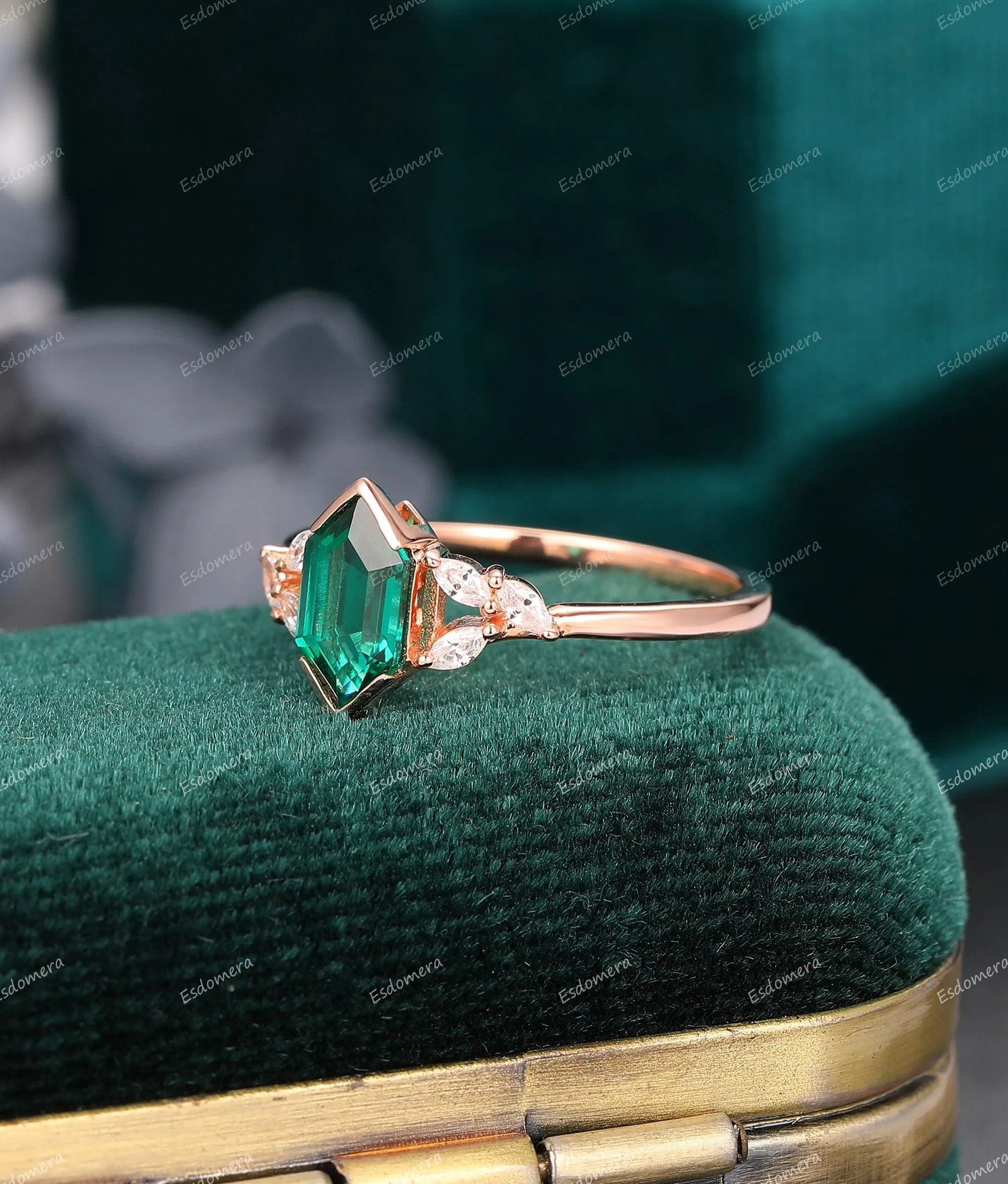 Hexagon Cut  Emerald Engagement Ring Moissanite Accents Wedding Bridal Ring 14k Rose Gold Wedding Ring