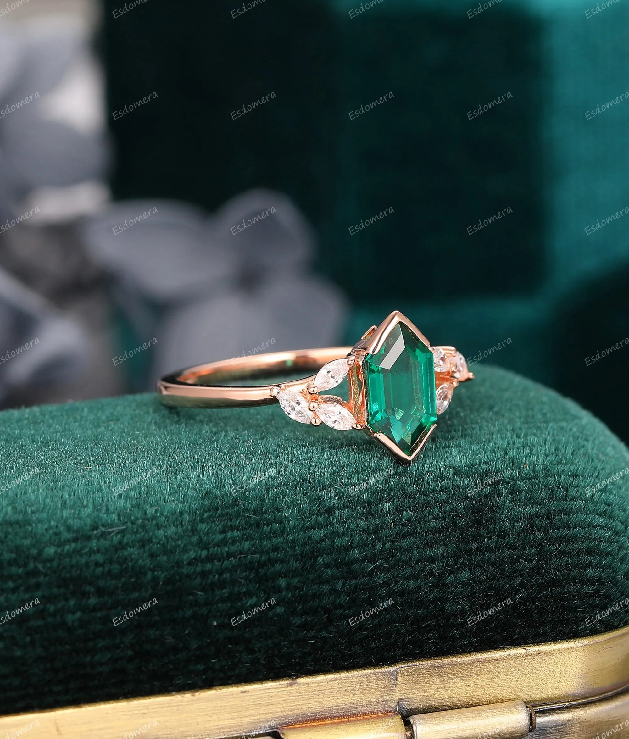 Hexagon Cut  Emerald Engagement Ring Moissanite Accents Wedding Bridal Ring 14k Rose Gold Wedding Ring