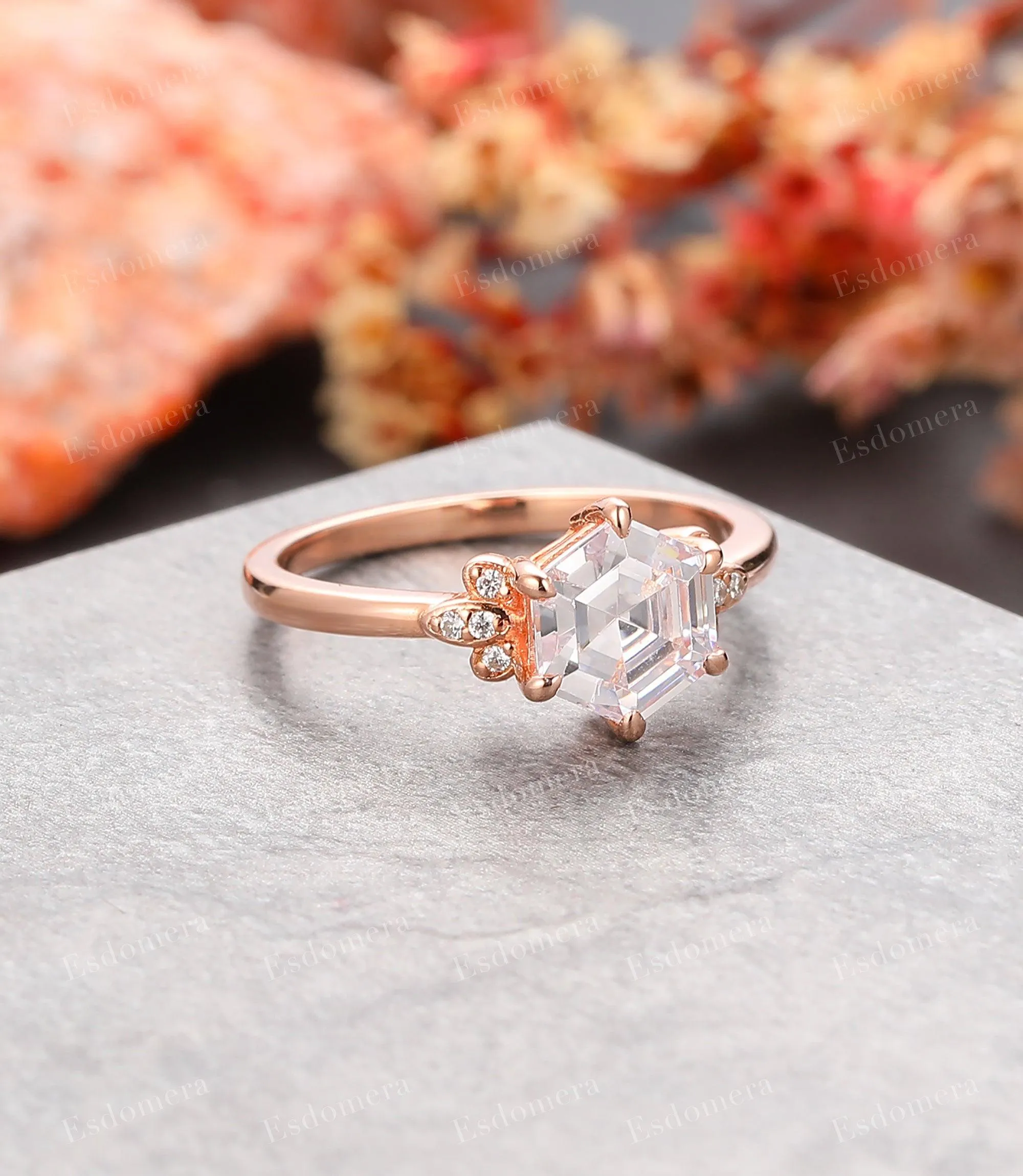 Hexagon Cut Moissanite Engagement Ring Moissanites Cluster Promise Ring Vintage 14k Rose Gold Ring