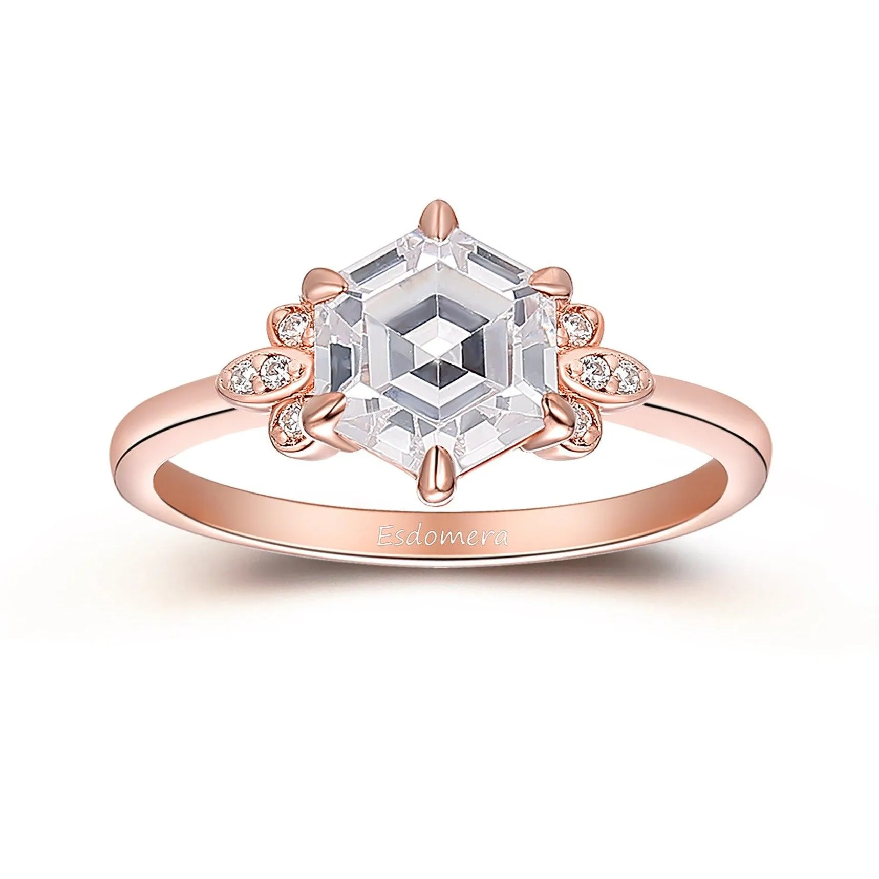 Hexagon Cut Moissanite Engagement Ring Moissanites Cluster Promise Ring Vintage 14k Rose Gold Ring