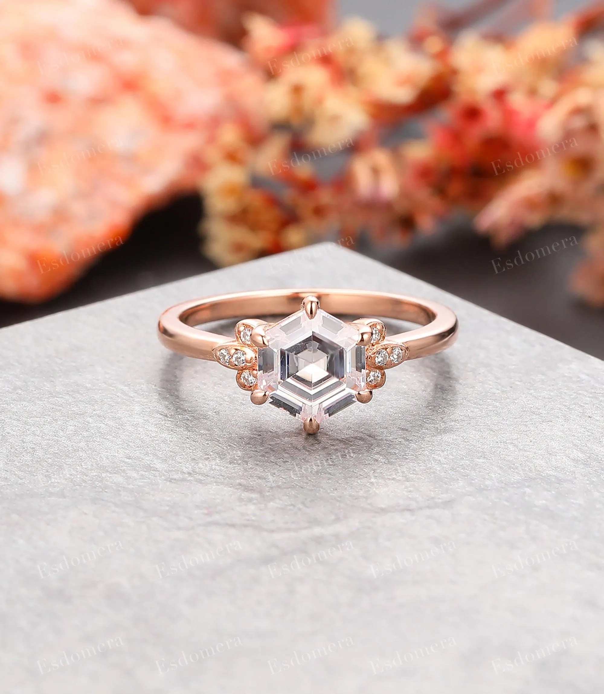 Hexagon Cut Moissanite Engagement Ring Moissanites Cluster Promise Ring Vintage 14k Rose Gold Ring