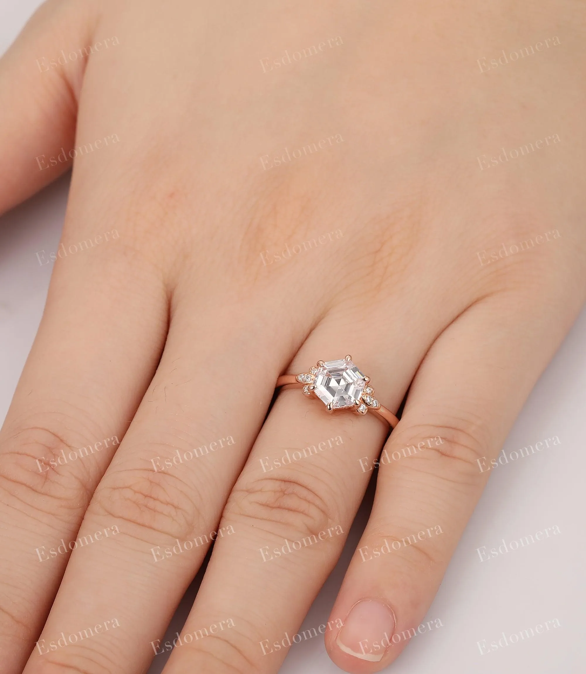 Hexagon Cut Moissanite Engagement Ring Moissanites Cluster Promise Ring Vintage 14k Rose Gold Ring
