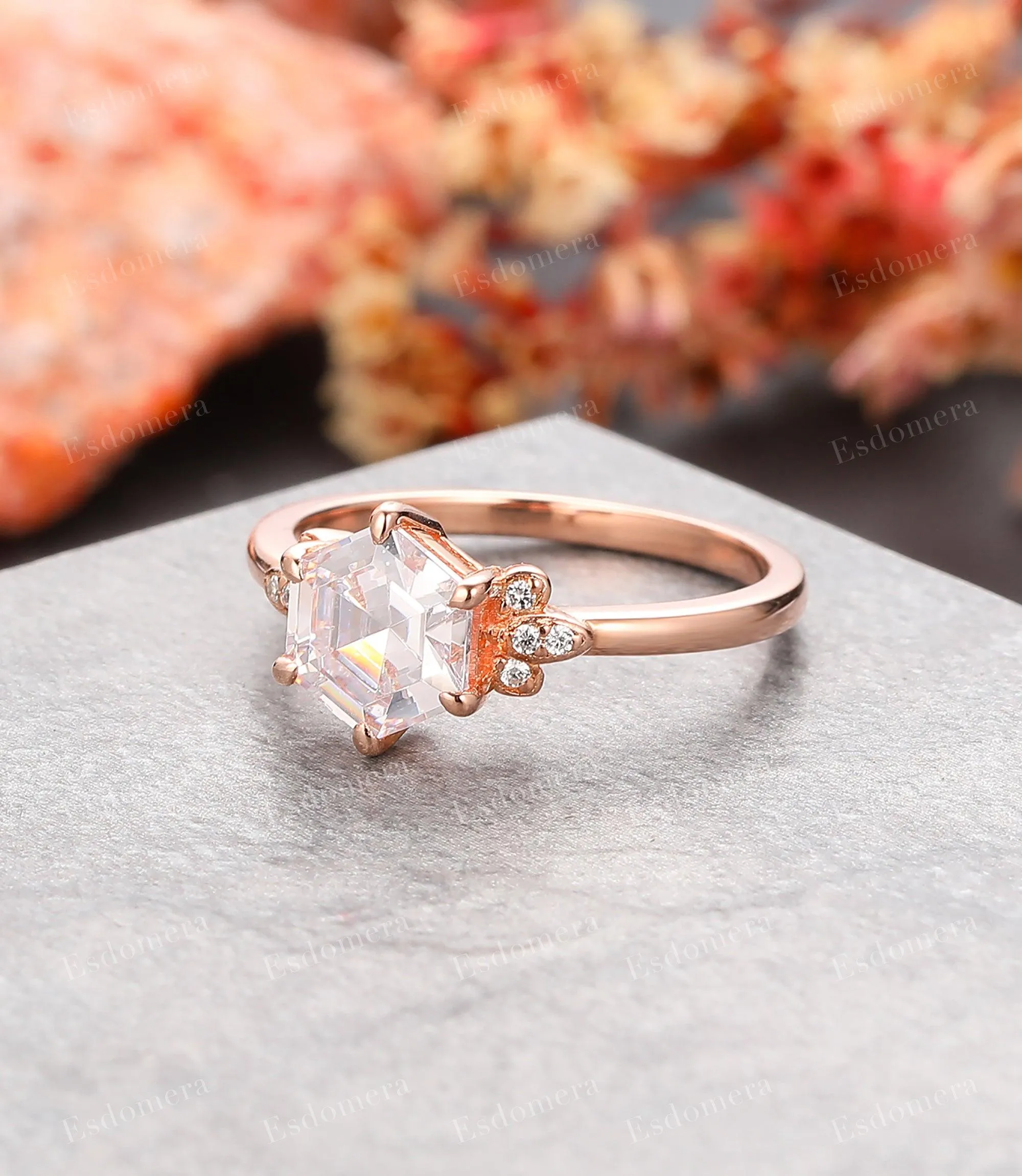 Hexagon Cut Moissanite Engagement Ring Moissanites Cluster Promise Ring Vintage 14k Rose Gold Ring