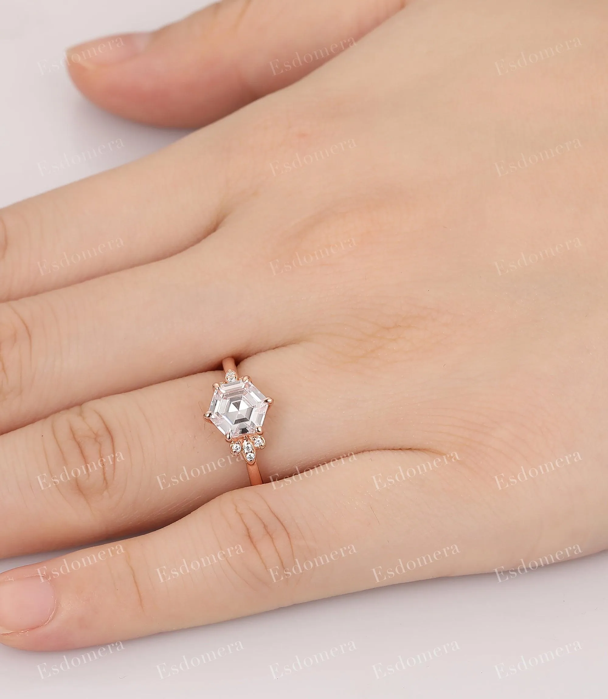Hexagon Cut Moissanite Engagement Ring Moissanites Cluster Promise Ring Vintage 14k Rose Gold Ring