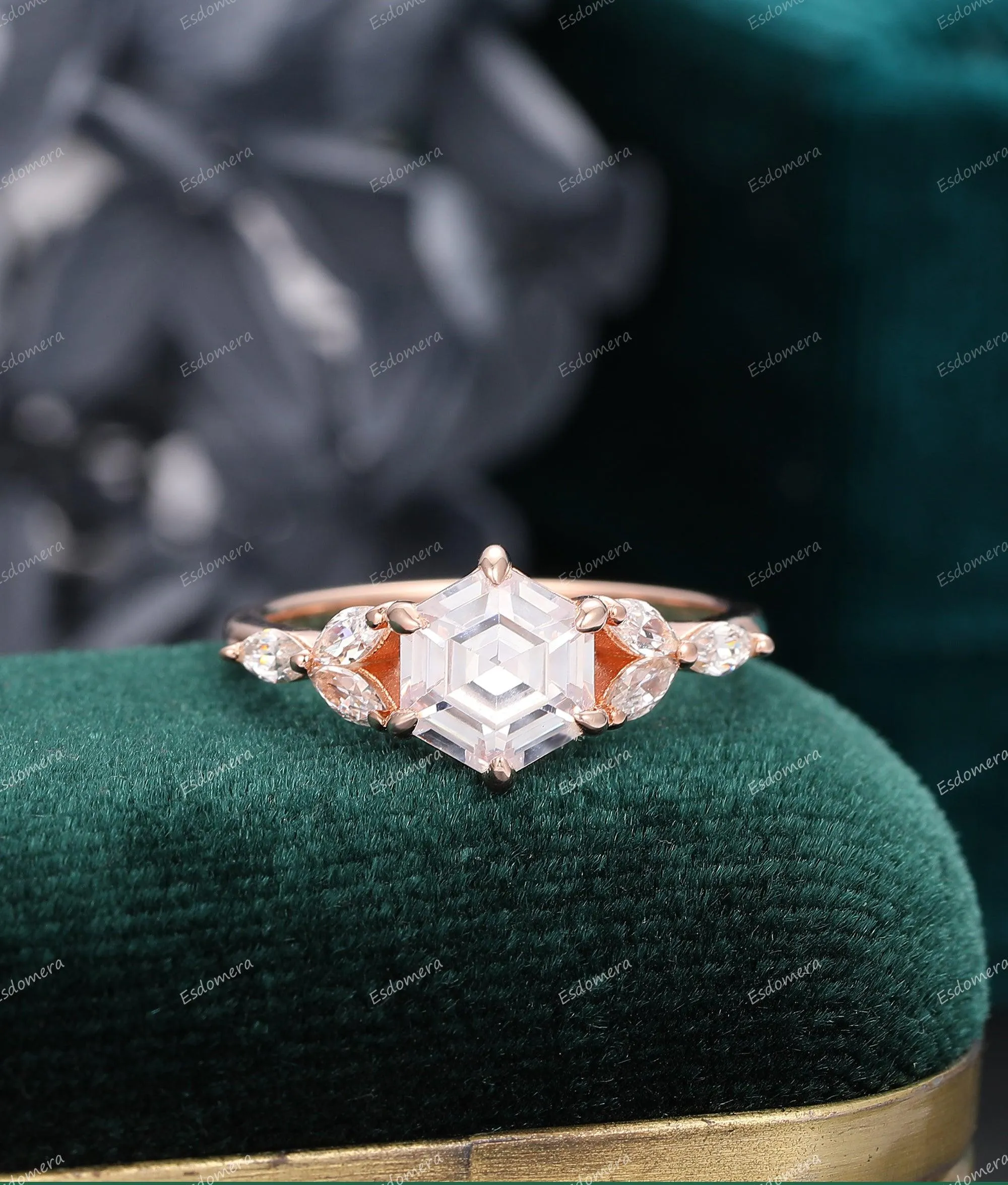 Hexagon Moissanite Engagement Ring 7 Stone Moissanite Cluster Ring Anniversary Promise Ring For Her